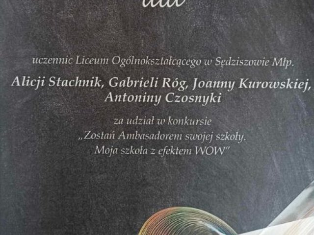 Wręczenie nagród w ramach konkursu powiatowego "Zostań ambasadorem swojej szkoły. Moja szkoła z efektem WOW"